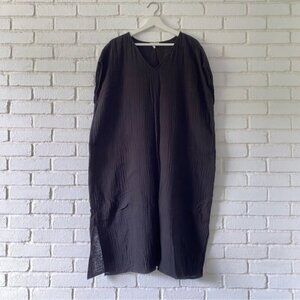Eileen Fisher Black Organic Cotton Gauze V-Neck Midi Dress Women’s Size XL